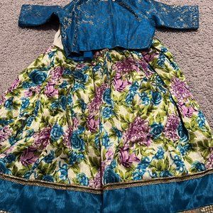Kids blue mirror work lehenga with blouse